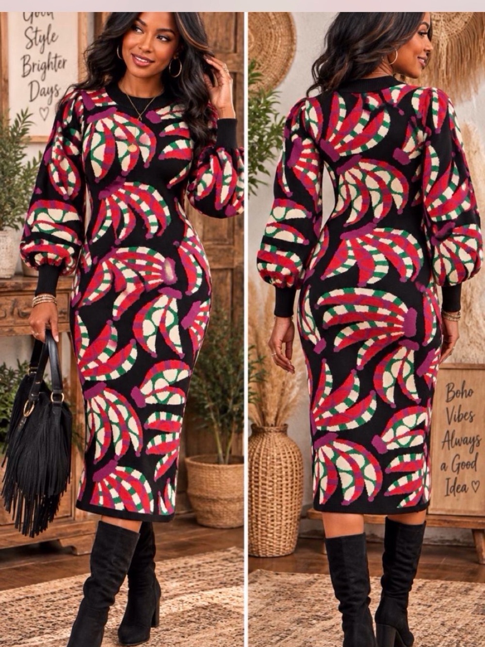 FARM Rio Black Knit Midi Dress with Red, Cream, Green & Purple Pattern